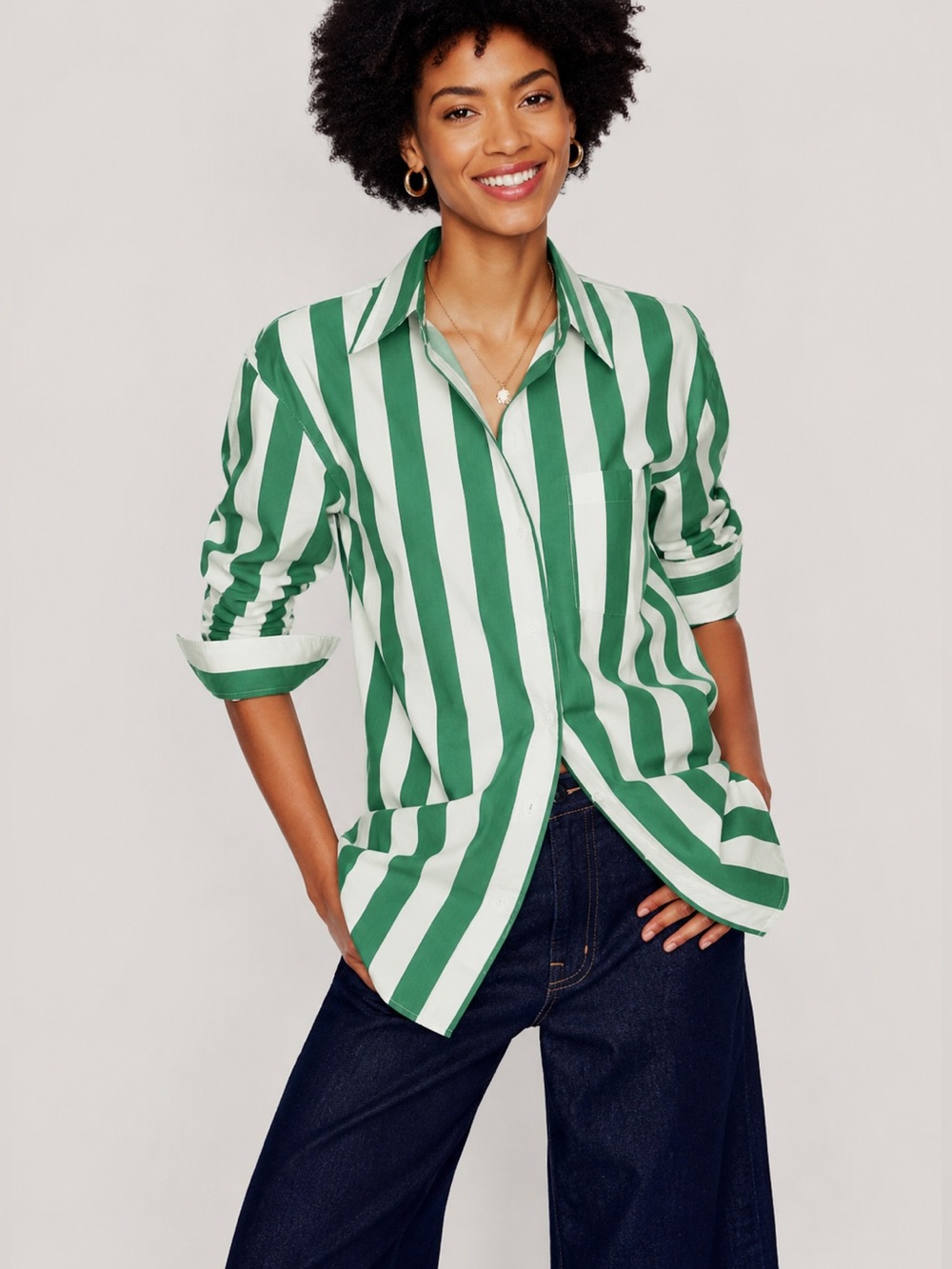 Boden Sadie Relaxed Cotton Shirt Rich Emerald Wide Stripe Oversized 4P